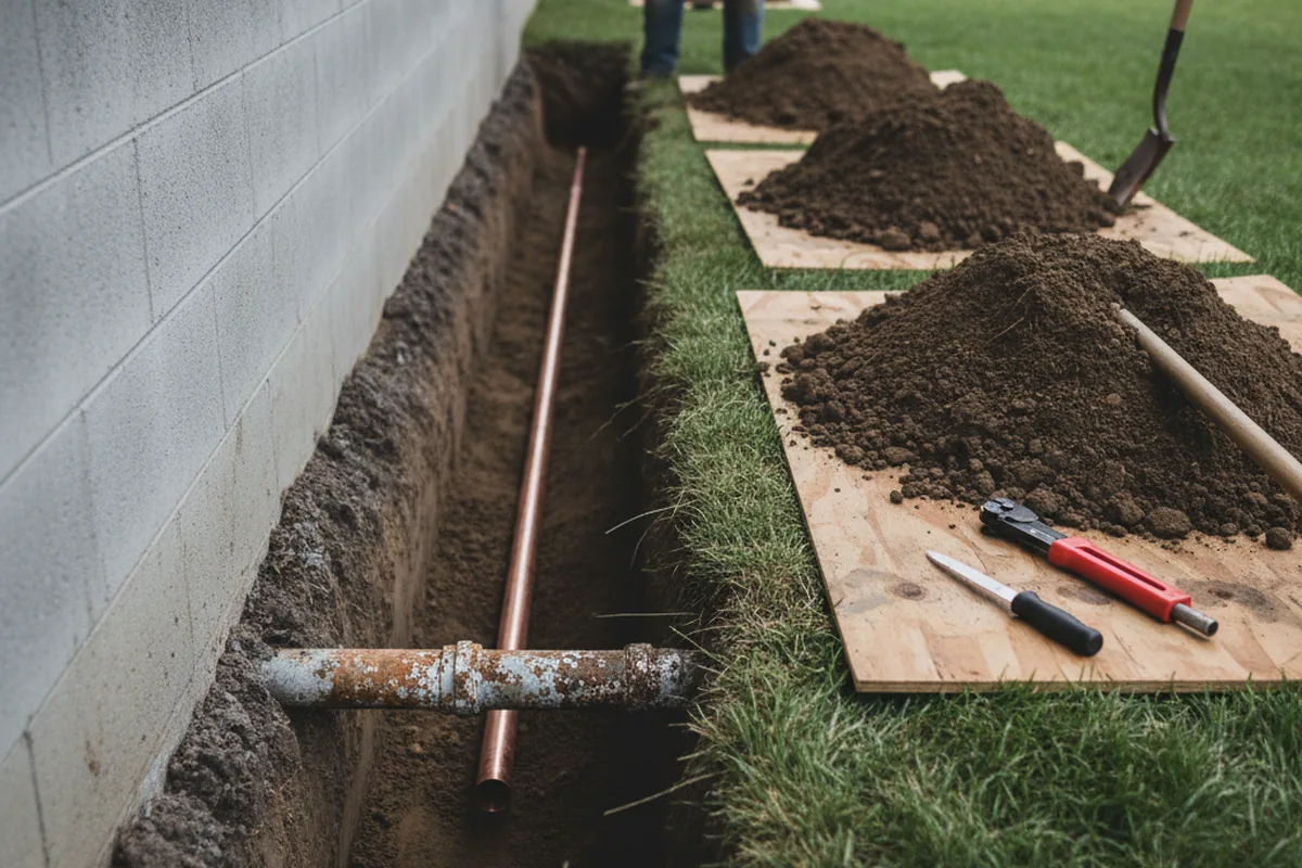 Excavated water line trench during Water Softener Installation in Highlands